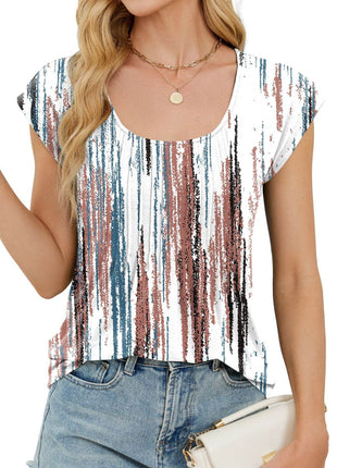 Printed Round Neck Stripes Loose Short Sleeve - MimiStylez
