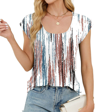 Printed Round Neck Stripes Loose Short Sleeve - MimiStylez