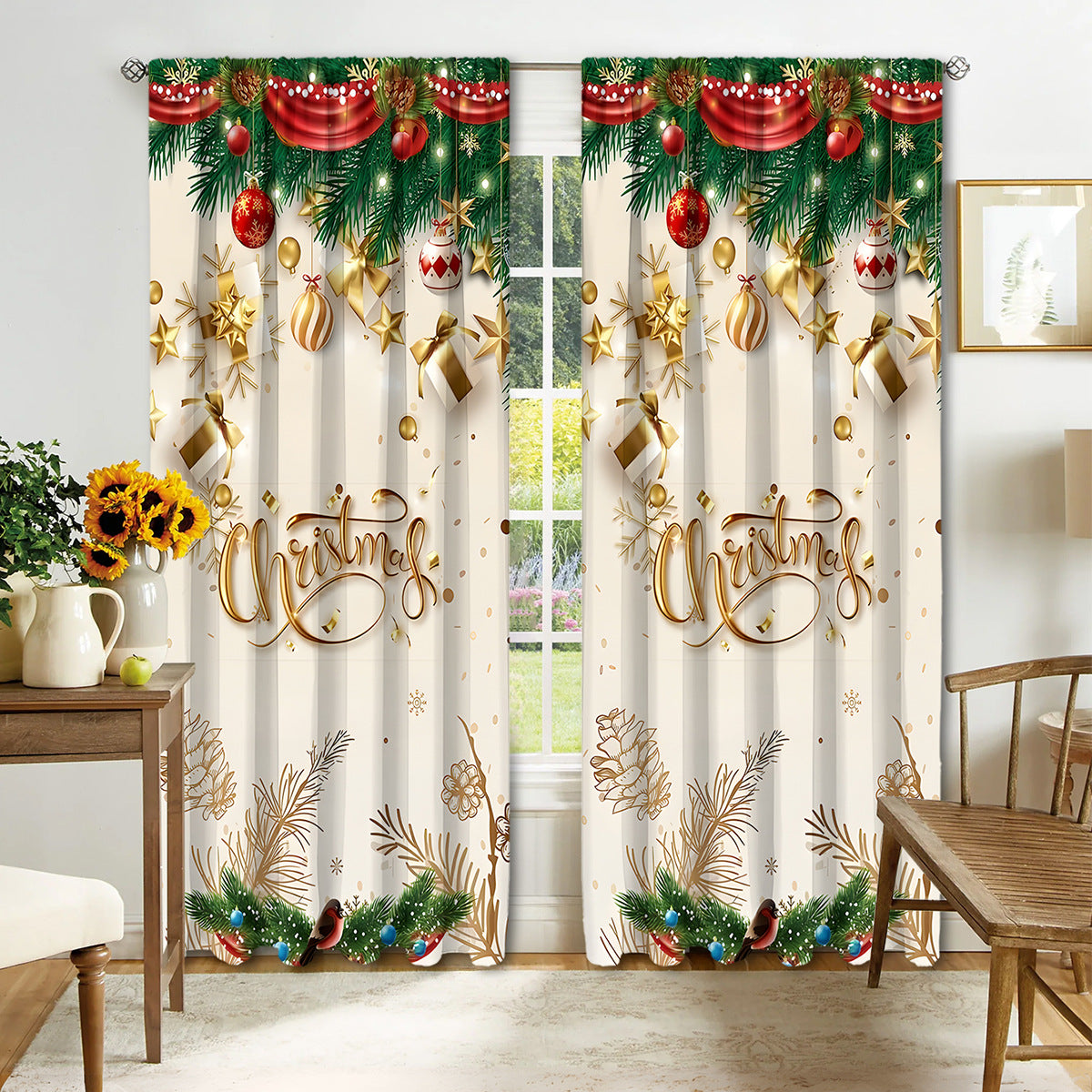 2PCS Christmas Curtain Factory 3D Digital Printing Cross-border Amazon Curtain Hot Selling Flower