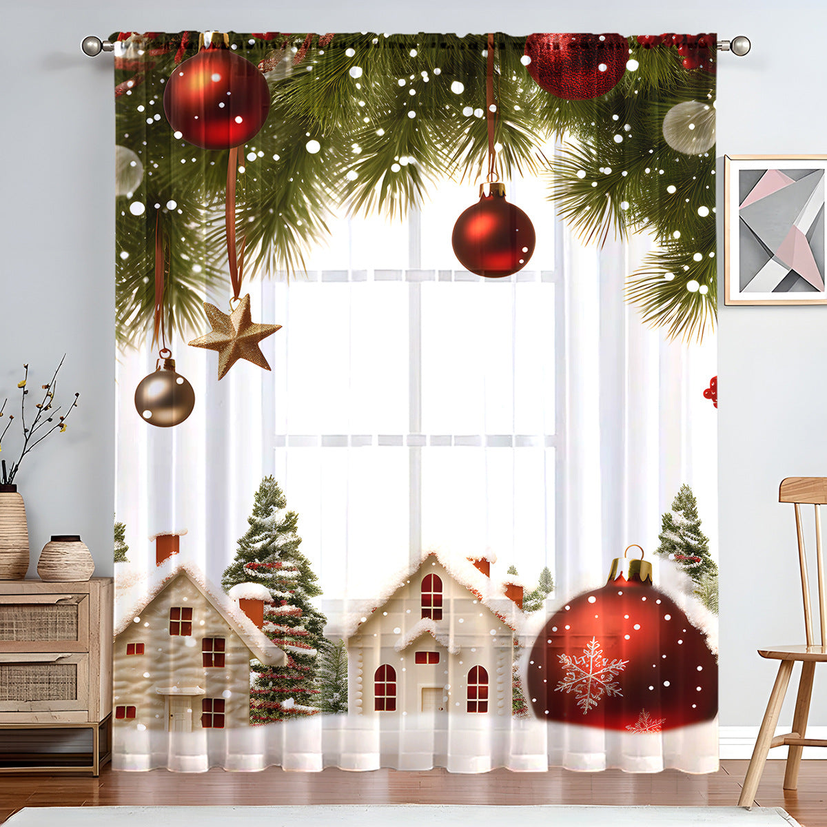 1pc New Christmas Series Window Screen 3D Digital Printing Factory Direct Bedroom Living Room Decoration Wear Rod Window Screen