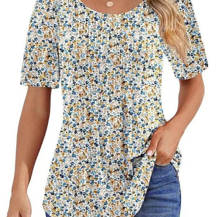 Round Neck Pleated Printed T-shirt - MimiStylez