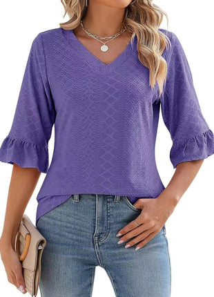 Women's Printed Hollow Ruffle Sleeve Casual Short-sleeved Top - MimiStylez