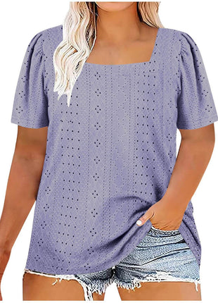 Casual U-neck Solid Color Hollow Loose-fitting T-shirt Top Plus Size - MimiStylez