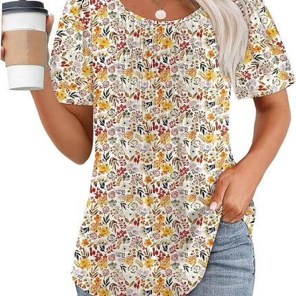 Round Neck Pleated Printed T-shirt - MimiStylez