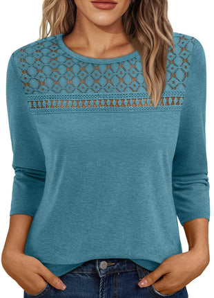 Women's Round Neck Top Lace Hollow Breathable Long Sleeve - MimiStylez