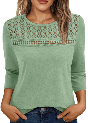 Women's Round Neck Top Lace Hollow Breathable Long Sleeve - MimiStylez