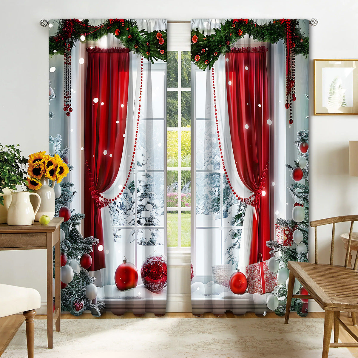 2PCS Christmas Curtain Factory 3D Digital Printing Cross-border Amazon Curtain Hot Selling Flower