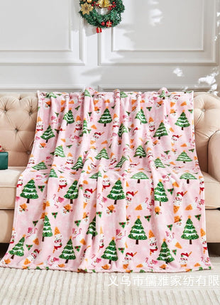 Flannel Christmas Blanket Soft Pink Blanket Christmas Theme Printed Home Living Room Bedroom Sofa Cover Blanket