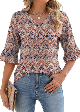 Women's Printed Hollow Ruffle Sleeve Casual Short-sleeved Top - MimiStylez