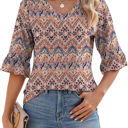 Women's Printed Hollow Ruffle Sleeve Casual Short-sleeved Top - MimiStylez