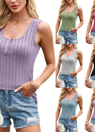 Sleeveless Knitted U-neck Sunken Stripe Slim Button Vest - MimiStylez