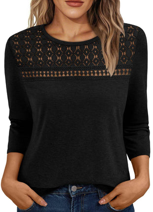 Women's Round Neck Top Lace Hollow Breathable Long Sleeve - MimiStylez