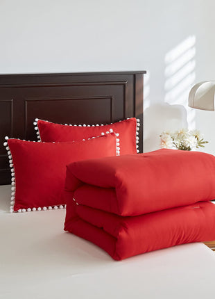 Cross-Border Quilt Kit Red Bohemian Ball Tassel Fat Quilt Chemical Fiber Quilt Quilt Three-Piece Set Manufacturer