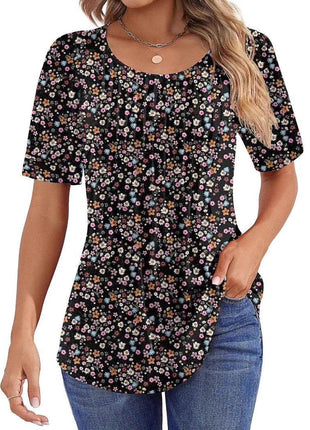 Round Neck Pleated Printed T-shirt - MimiStylez