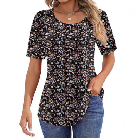 Round Neck Pleated Printed T-shirt - MimiStylez