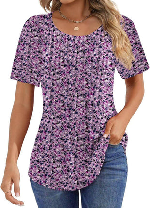 Round Neck Pleated Printed T-shirt - MimiStylez