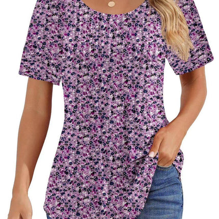 Round Neck Pleated Printed T-shirt - MimiStylez