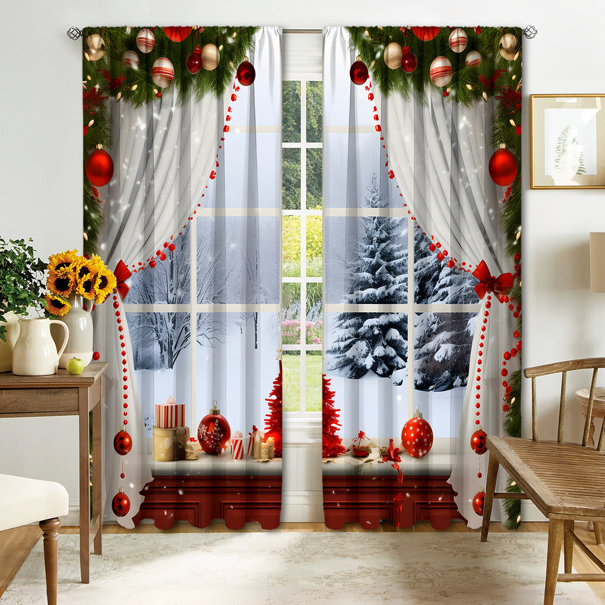 2PCS Christmas Curtain Factory 3D Digital Printing Cross-border Amazon Curtain Hot Selling Flower