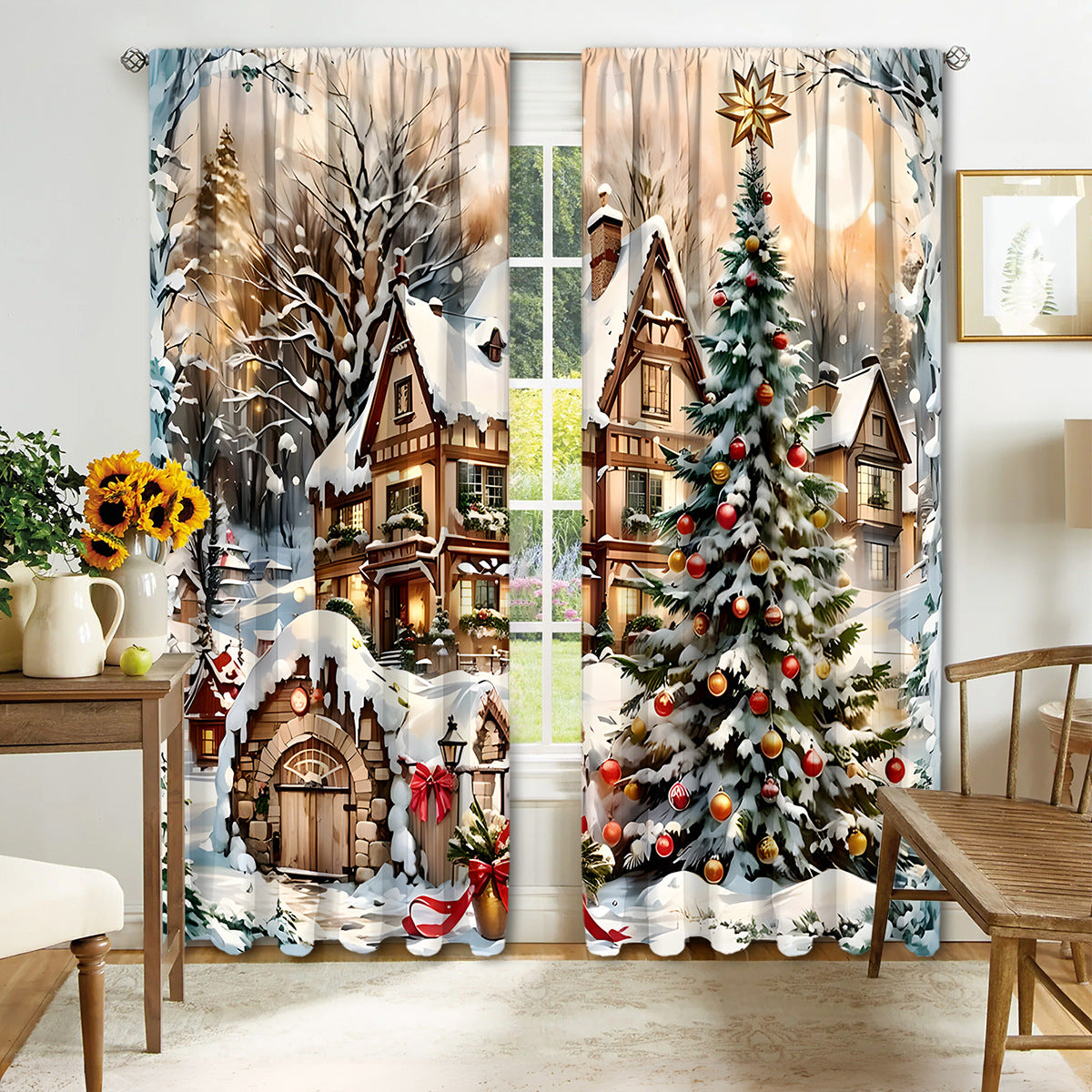 2PCS Christmas Curtain Factory 3D Digital Printing Cross-border Amazon Curtain Hot Selling Flower