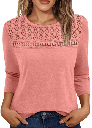 Women's Round Neck Top Lace Hollow Breathable Long Sleeve - MimiStylez
