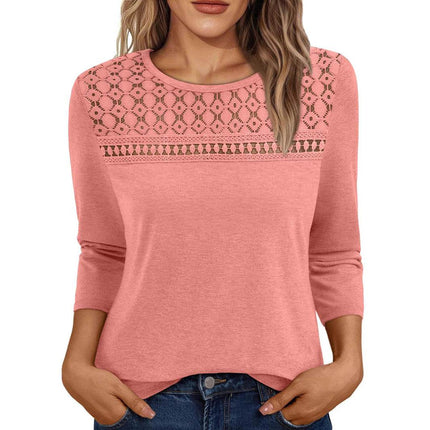 Women's Round Neck Top Lace Hollow Breathable Long Sleeve - MimiStylez