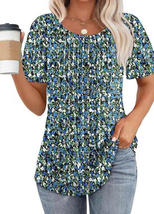 Round Neck Pleated Printed T-shirt - MimiStylez