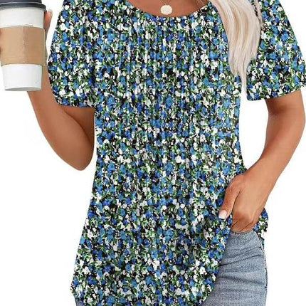 Round Neck Pleated Printed T-shirt - MimiStylez