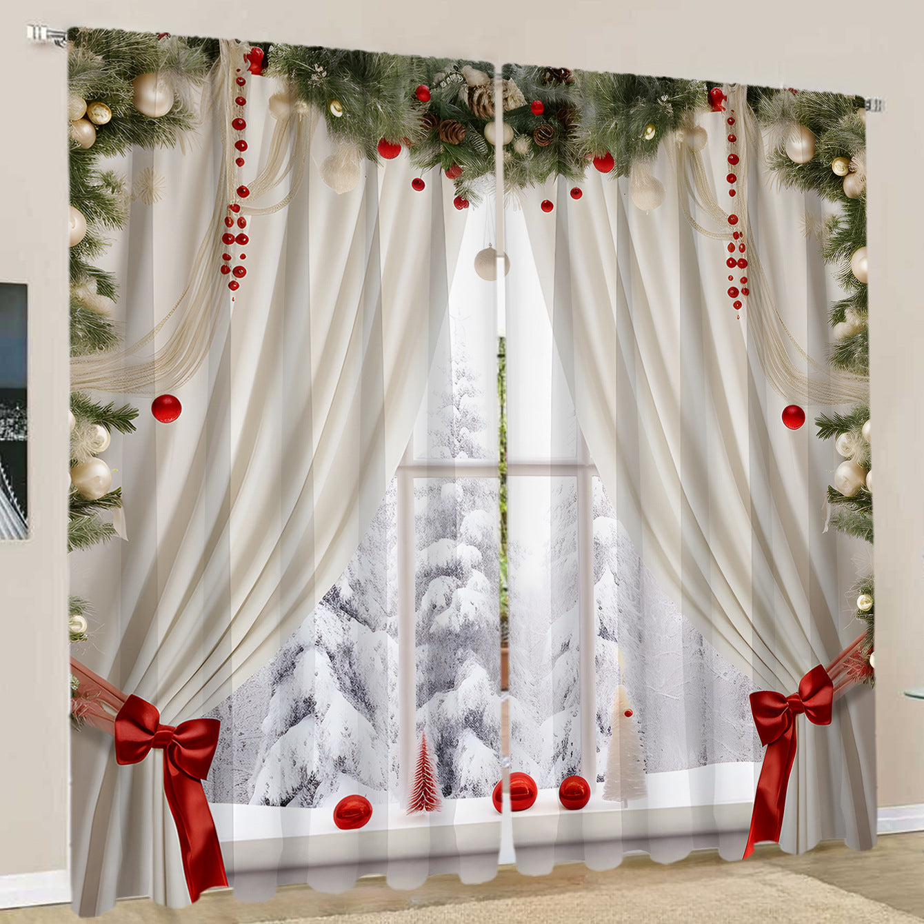 2PCS European Curtain Curtain Christmas Series Curtain Factory 3D Digital Printing Cross-border Amazon Curtain