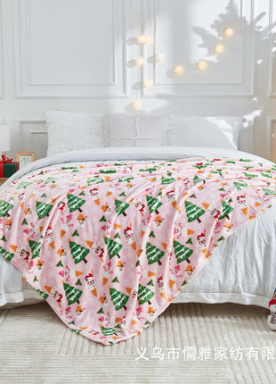 Flannel Christmas Blanket Soft Pink Blanket Christmas Theme Printed Home Living Room Bedroom Sofa Cover Blanket