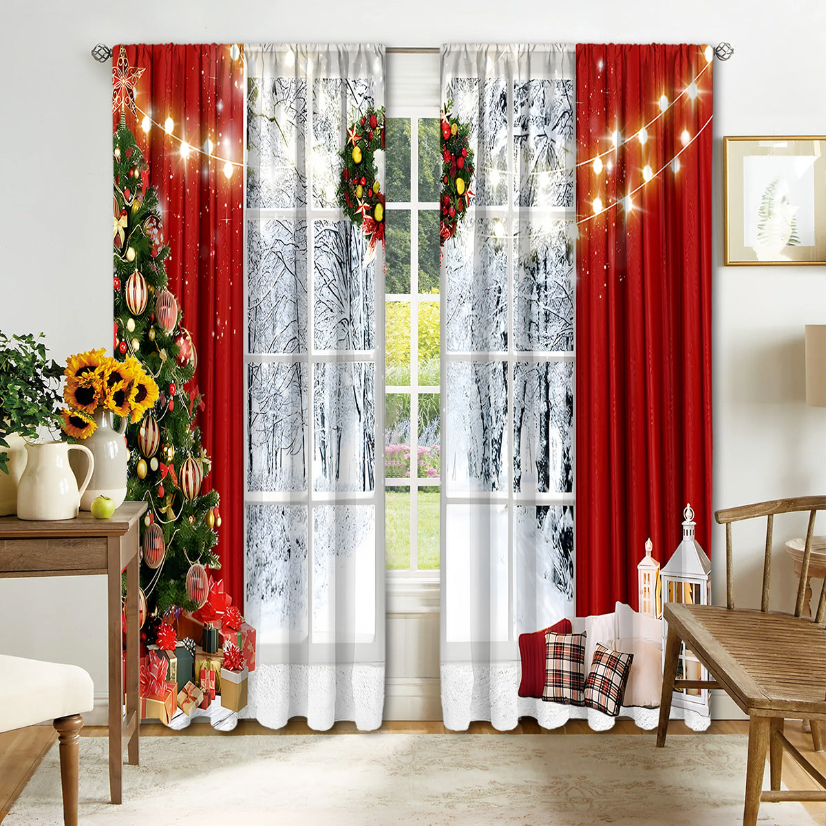 2PCS Christmas Curtain Factory 3D Digital Printing Cross-border Amazon Curtain Hot Selling Flower