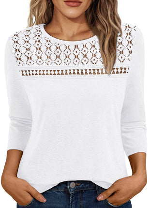 Women's Round Neck Top Lace Hollow Breathable Long Sleeve - MimiStylez
