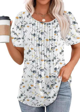 Round Neck Pleated Printed T-shirt - MimiStylez