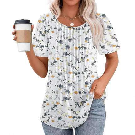 Round Neck Pleated Printed T-shirt - MimiStylez
