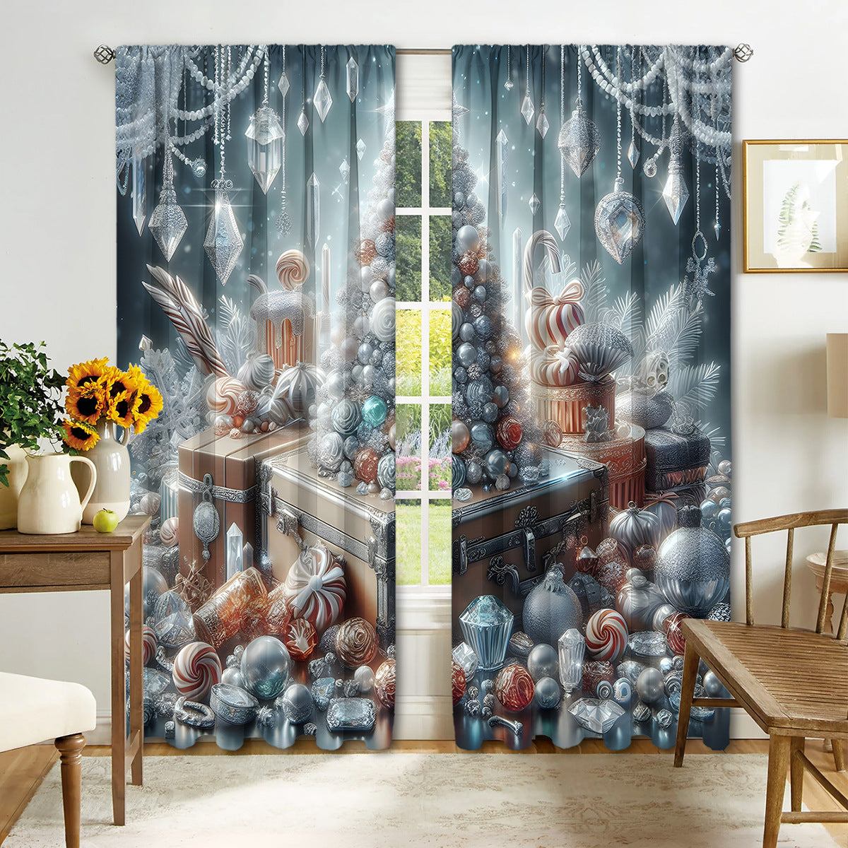 2PCS Christmas Curtain Factory 3D Digital Printing Cross-border Amazon Curtain Hot Selling Flower