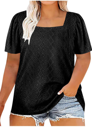 Casual U-neck Solid Color Hollow Loose-fitting T-shirt Top Plus Size - MimiStylez