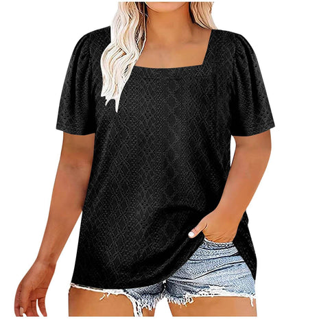 Casual U-neck Solid Color Hollow Loose-fitting T-shirt Top Plus Size - MimiStylez