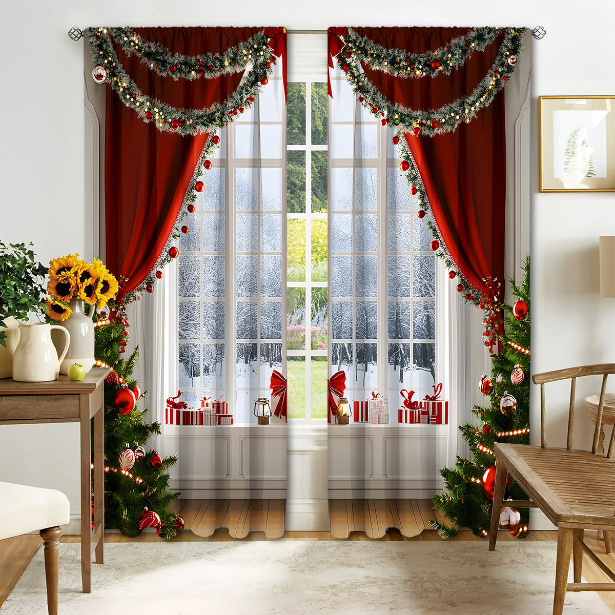 2PCS Christmas Curtain Factory 3D Digital Printing Cross-border Amazon Curtain Hot Selling Flower