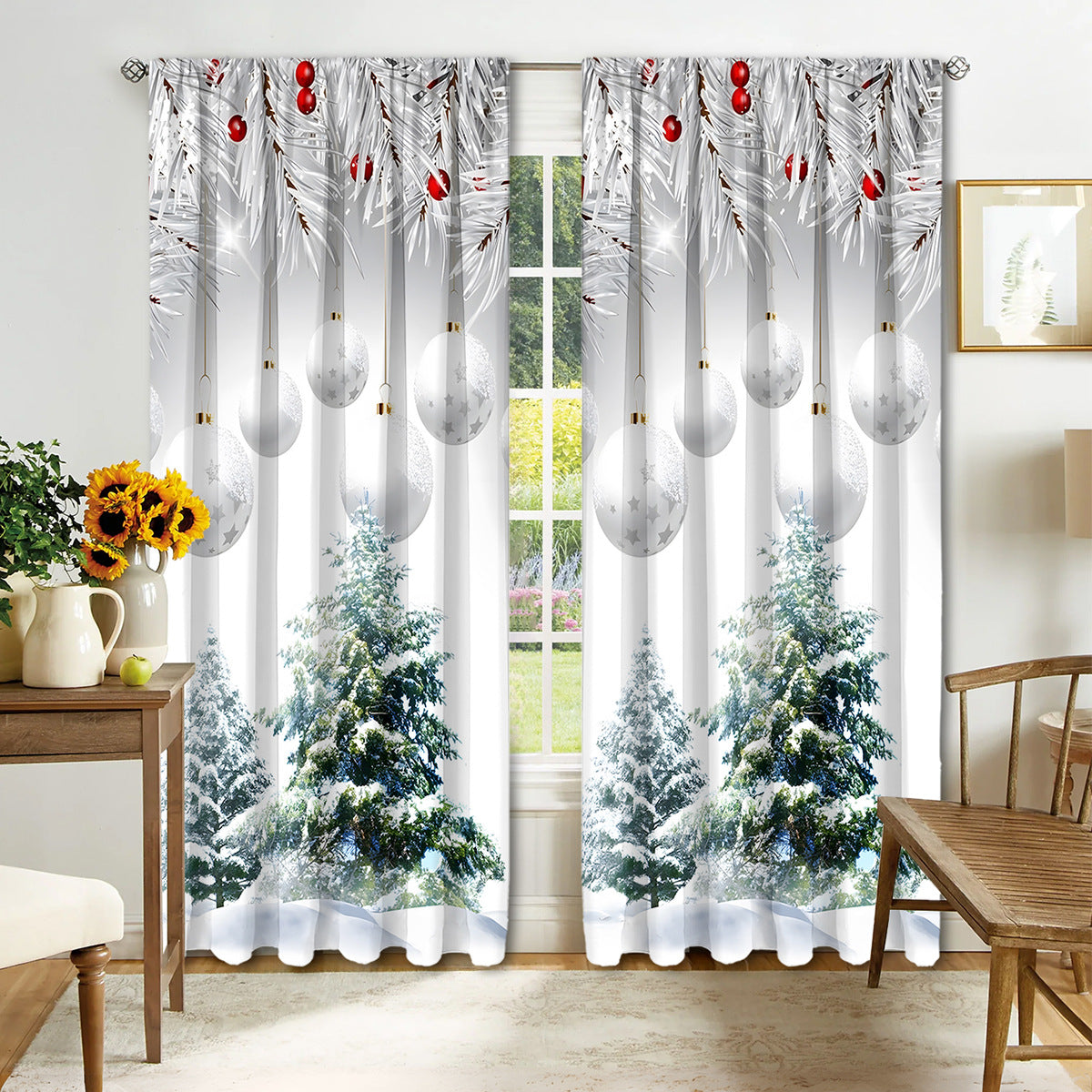 2PCS Christmas Curtain Factory 3D Digital Printing Cross-border Amazon Curtain Hot Selling Flower