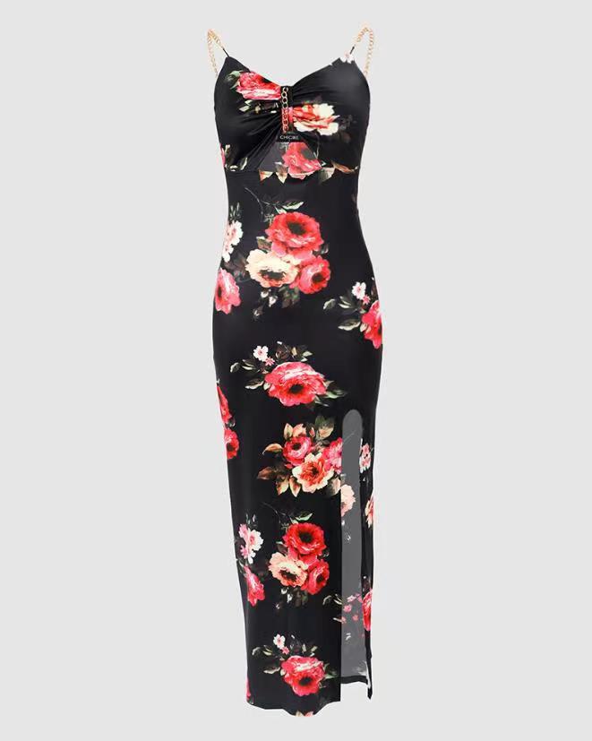 Summer Clothing New Women's Clothing Split Spaghetti-strap Floral Print Dress