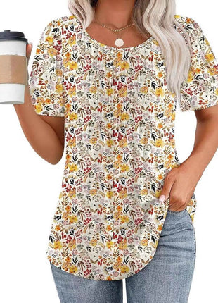 Round Neck Pleated Printed T-shirt - MimiStylez