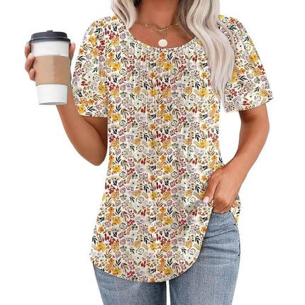 Round Neck Pleated Printed T-shirt - MimiStylez