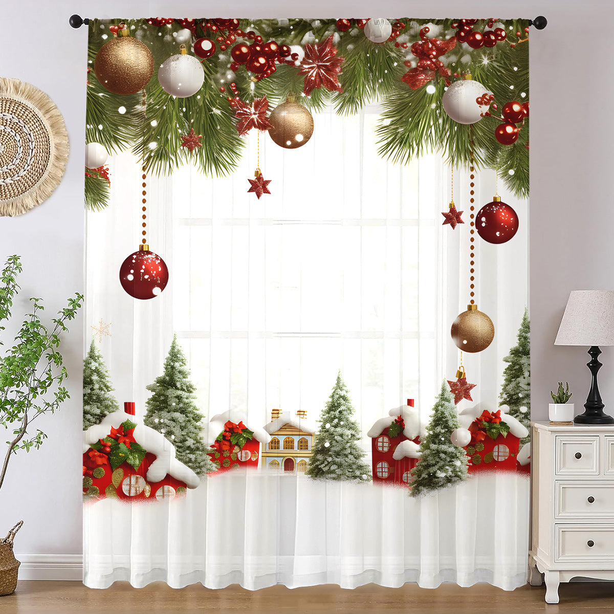 1pc New Christmas Series Window Screen 3D Digital Printing Factory Direct Bedroom Living Room Decoration Wear Rod Window Screen