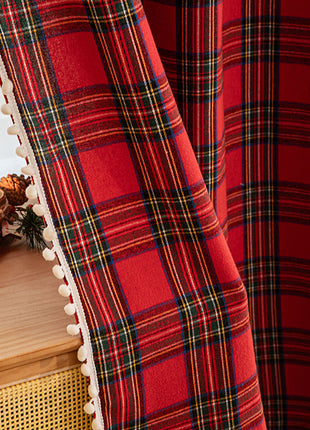 Christmas Classic Plaid Fur Ball Curtain - Christmas Decorative Curtain