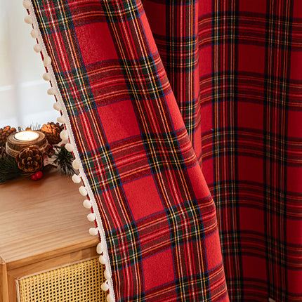 Christmas Classic Plaid Fur Ball Curtain - Christmas Decorative Curtain