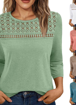 Women's Round Neck Top Lace Hollow Breathable Long Sleeve - MimiStylez