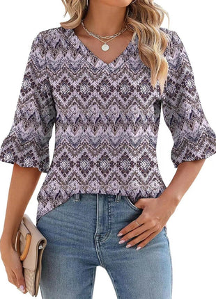 Women's Printed Hollow Ruffle Sleeve Casual Short-sleeved Top - MimiStylez