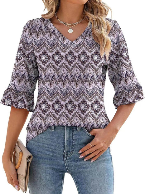 Women's Printed Hollow Ruffle Sleeve Casual Short-sleeved Top - MimiStylez
