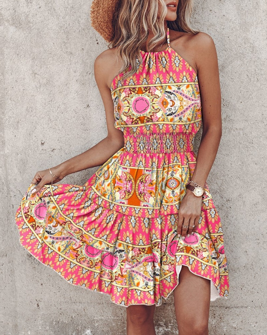 Summer European And American New Printed Halter Women's Dress