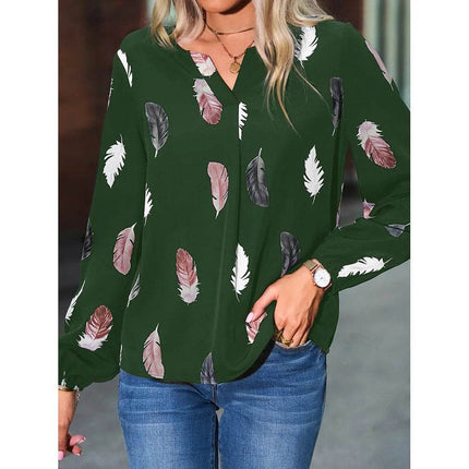 Woman Blouse Shirts For Women Stylish Top long Sleeve Feather Pattern Female Tops Elegant Chiffon Mujer Woman Clothes - MimiStylez