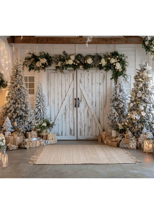 Christmas Backgrounds For Photographs Christmas Tree White Wooden Door Winter Snow Decorations